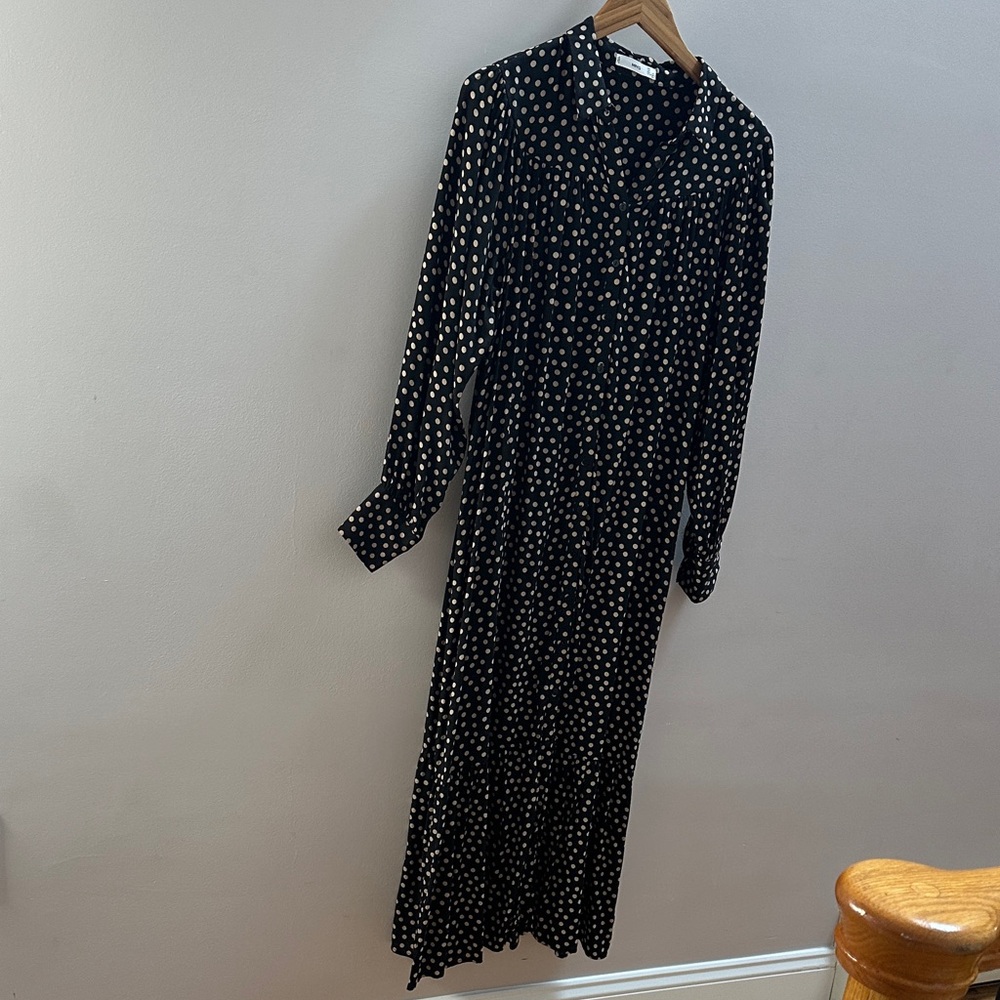 Mango Black and camel Polka Dot Long Sleeve Dress